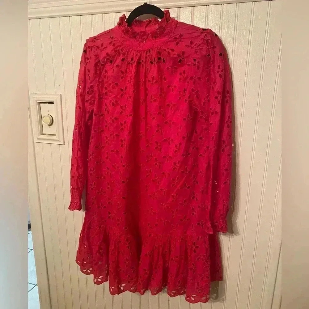 NWT J. Crew fully lined hot pink eyelet ruffled neck dress - Picture 15 of 16